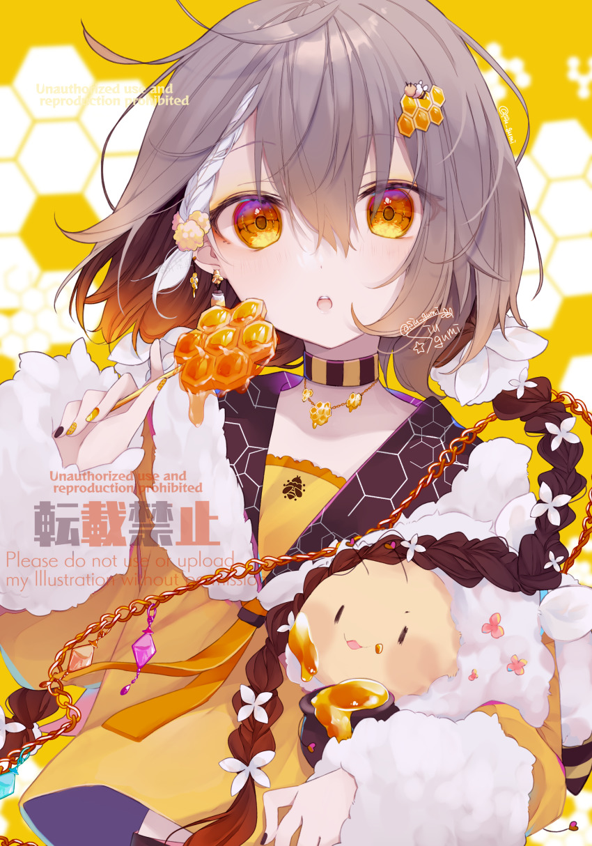 1girl, absurdres, bee, braid, brown_hair, bug, candy, choker, colored_tips, ear_piercing, earrings, food, highres, honey, honeycomb, insect, jewelry, looking_at_viewer, multicolored_background, multicolored_hair, open_mouth, orange_eyes, orange_hair, original, piercing, ponixponi, sailor_collar, solo, white_background, yellow_background, yellow_theme