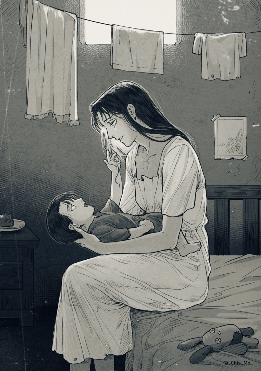 1boy, 1girl, aged_down, bare_arms, barefoot, bed, bedroom, breasts, chiamo_(lmc_clm), child, day, dress, eye_contact, family_bonding, feet_out_of_frame, greyscale, happy, highres, indoors, kuchel_ackerman, laundry, levi_(shingeki_no_kyojin), long_hair, looking_at_another, lying, lying_on_lap, monochrome, mother_and_child, mother_and_son, on_back, on_bed, open_mouth, outstretched_arm, parent_and_child, photo_(object), profile, reaching, shingeki_no_kyojin, short_hair, short_sleeves, sitting, smile, stuffed_animal, stuffed_rabbit, stuffed_toy, table, torn_clothes, twitter_username, window