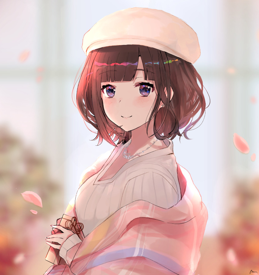 1girl, absurdres, blurry, blurry_background, blush, gift, highres, jacket