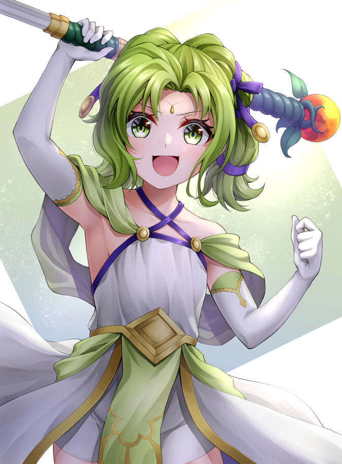 1girl, :d, aged_down, armpits, bare_shoulders, child, circlet, dress, elbow_gloves, fire_emblem, fire_emblem:_the_sacred_stones, fire_emblem_heroes, gloves, green_eyes, green_hair, holding, holding_staff, l'arachel_(fire_emblem), l'arachel_(seeker_of_justice)_(fire_emblem), looking_at_viewer, nintendo, official_alternate_costume, open_mouth, sleeveless, sleeveless_dress, smile, solo, staff, ten_(tenchan_man), white_dress, white_gloves