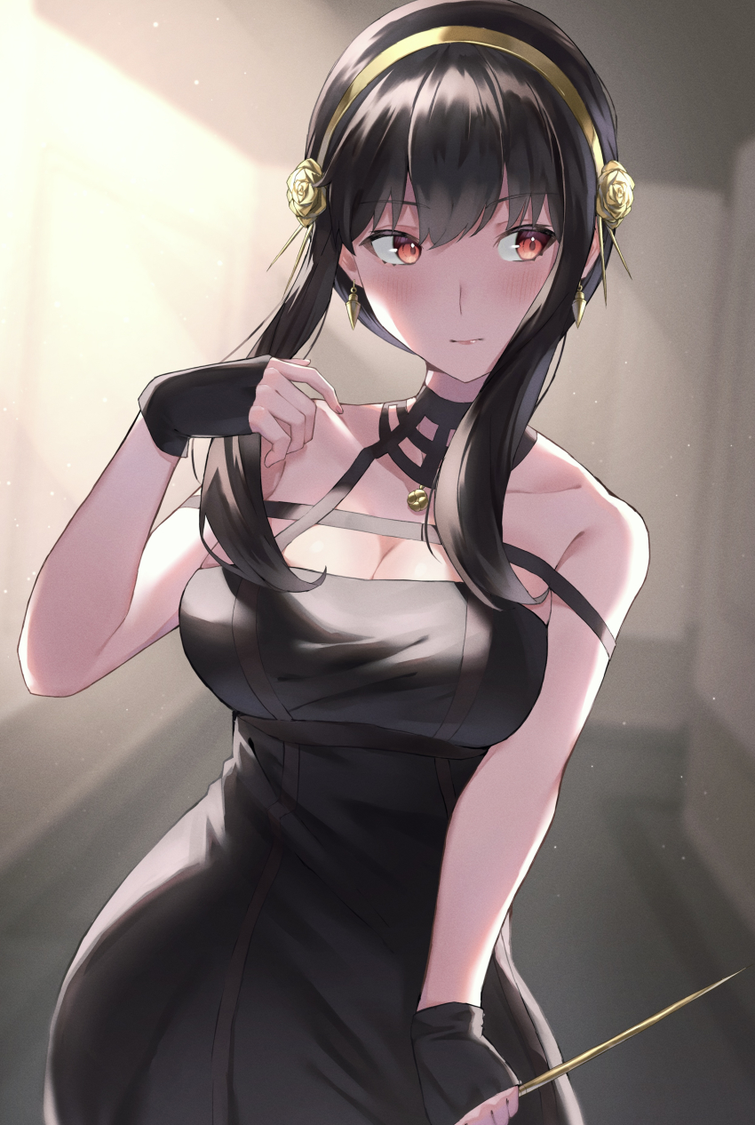 1girl, absurdres, bare_shoulders, black_choker, black_dress, black_gloves, black_hair, blush