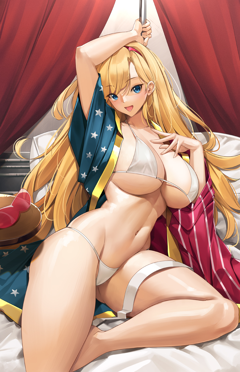 1girl, bare_shoulders, bikini, blonde_hair, blue_eyes, breasts, cleavage, curtains, dress, gluteal_fold, highres, holding, holding_pole, kamen_america_(comic), kamen_victory, large_breasts, long_hair, looking_at_viewer, midriff, navel, on_bed, open_mouth, pillow, pole, smile, solo, star_(symbol), swimsuit, thighs, tony_guisado, two-tone_dress, unworn_eyewear, weapon, white_bikini