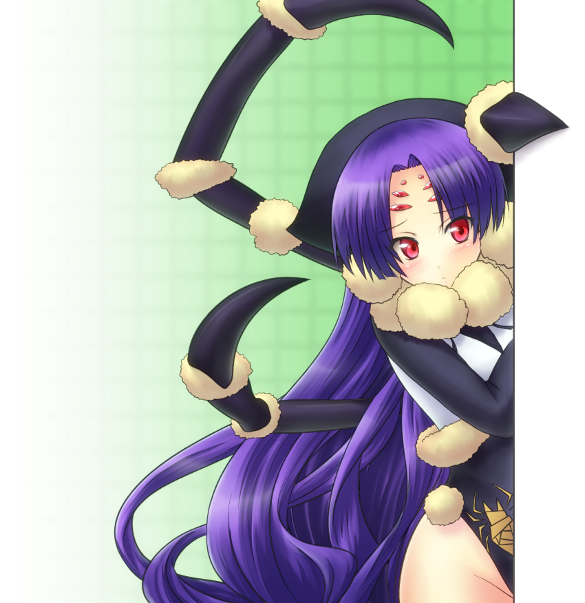 blush, hiding, highres, arthropod_girl, long_hair, monster_girl, noir_(rance), peeking_out, purple_hair, rance_(series), red_eyes, sengoku_rance, spider_girl