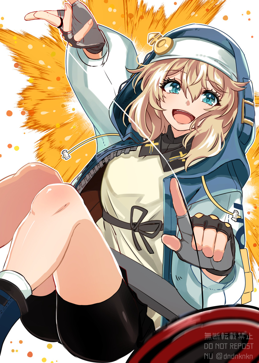 1boy, absurdres, androgyne_symbol, bare_legs, bike_shorts, bike_shorts_under_skirt, black_gloves, black_ribbon, blonde_hair, blue_eyes, blue_jacket, bridget_(guilty_gear), cross, drawstring, fingerless_gloves, gloves, guilty_gear, guilty_gear_strive, habit, hair_between_eyes, highres, hood, hood_up, hoodie, invisible_chair, jacket, leg_up, long_sleeves, male_focus, medium_hair, nuu_(liebe_sk), open_mouth, pleated_skirt, ribbon, sidelocks, simple_background, sitting, skirt, smile, trap, twitter_username, white_background, yo-yo