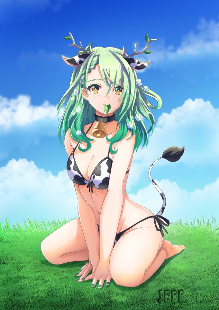 1girl, animal_ears, animal_print, antlers, artist_logo, bell, bikini, black_collar, blue_sky, branch, breasts, ceres_fauna, cleavage, cloud, collar, collarbone, cow_ears, cow_horns, cow_print, cow_print_bikini, cow_tail, eating, flower, full_body, grass, grazing_(livestock), green_hair, green_nails, hair_flower, hair_ornament, highres, hololive, hololive_english, horns, jeffanime4, leaf, logo, long_hair, looking_at_viewer, medium_breasts, mole, mole_under_eye, nail_polish, navel, neck_bell, outdoors, print_bikini, sitting, sky, solo, swimsuit, tail, thighs, virtual_youtuber, wavy_hair, white_flower, yellow_eyes