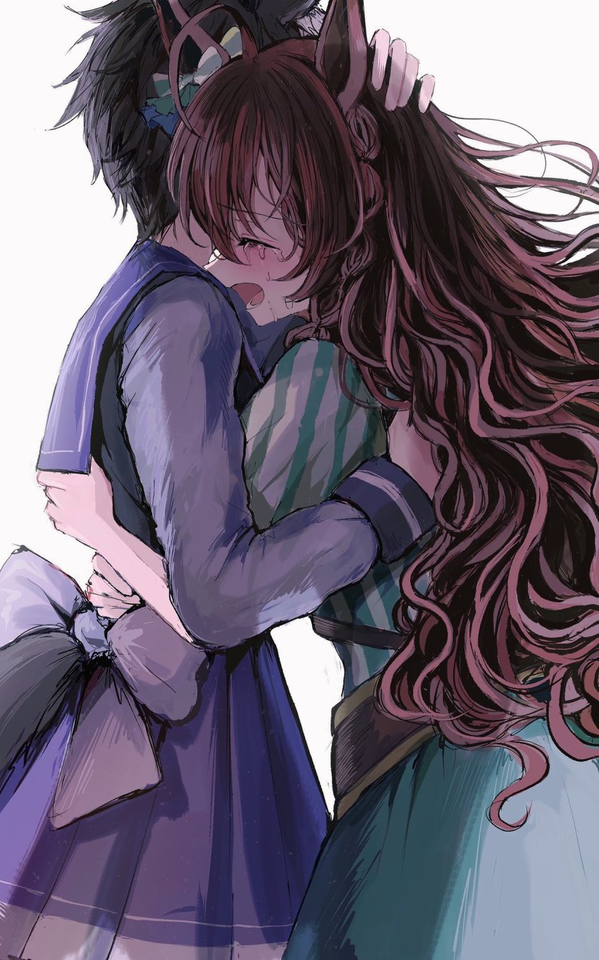 2girls, ahoge, animal_ears, bad_id, bad_twitter_id, brown_hair, closed_eyes, crying