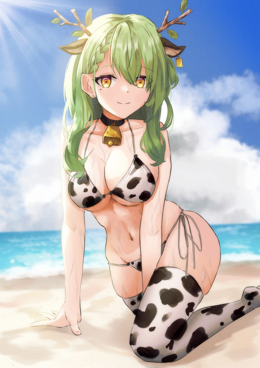 1girl, absurdres, animal_ears, animal_print, antlers, beach, bell, between_legs, bikini, black_choker, blue_sky, branch, breasts, ceres_fauna, choker, closed_mouth, cloud, cow_ears, cow_print, cow_print_bikini, cowbell, day, dot_nose, ear_piercing, ear_tag, foot_out_of_frame, green_hair, hand_between_legs, highres, hololive, hololive_english, horns, kneeling, large_breasts, leaf, long_hair, looking_at_viewer, mayushuuu, mole, mole_under_eye, navel, neck_bell, outdoors, piercing, print_bikini, print_thighhighs, sand, side-tie_bikini_bottom, skindentation, sky, smile, solo, stomach, sunlight, swimsuit, thighhighs, virtual_youtuber, wavy_hair, wet, yellow_eyes