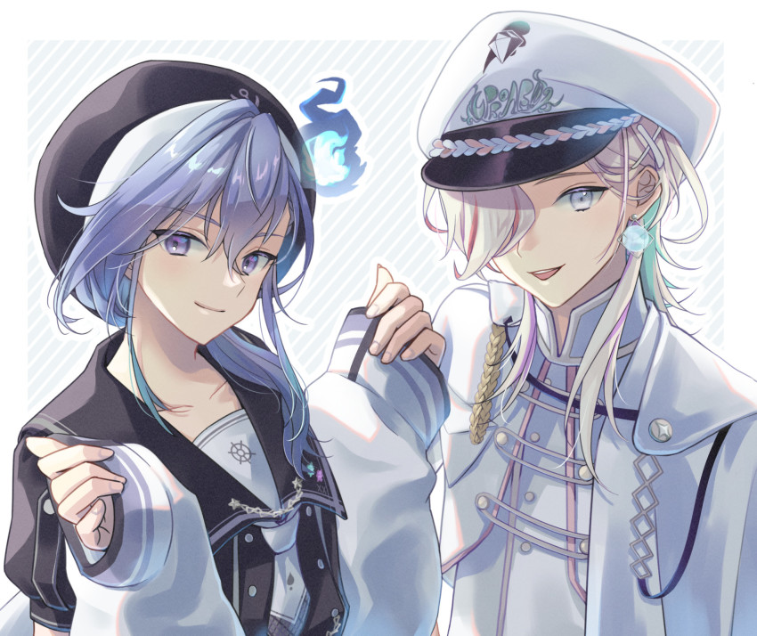 2boys, :d, aiguillette, anchor_symbol, aqua_hair, black_headwear, black_shirt, blue_background