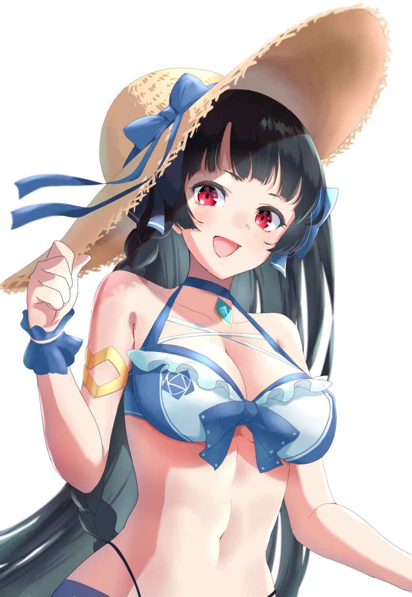 1girl, bare_shoulders, bikini, black_hair, blunt_bangs, bow, bow_bikini, braid