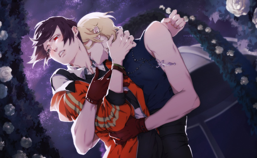 2boys, ange_yuki, arch, artist_name, black_shirt, blonde_hair, bracelet, brown_gloves