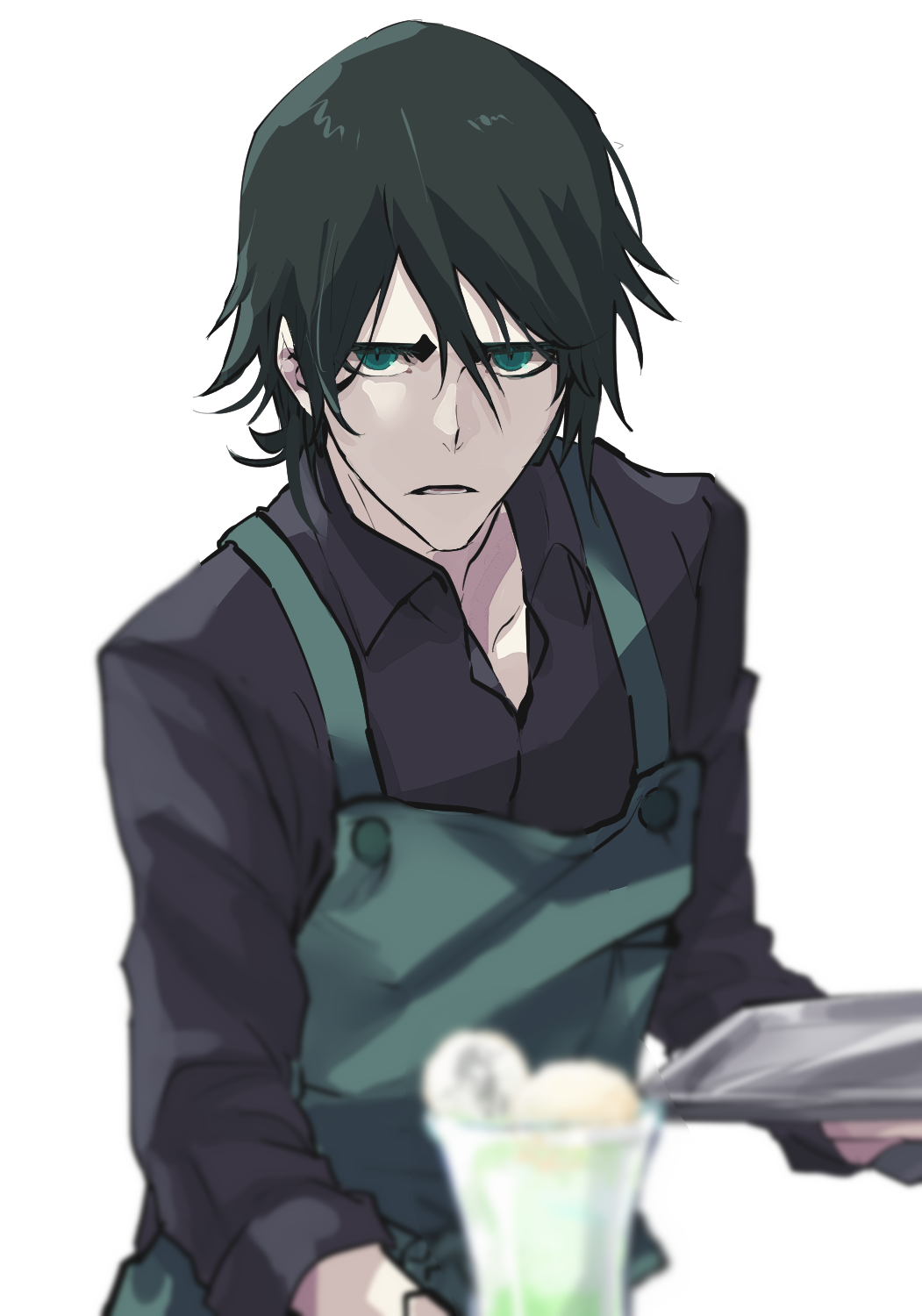 1boy, alternate_costume, apron, arrancar, bad_id, bad_pixiv_id, black_hair, black_shirt