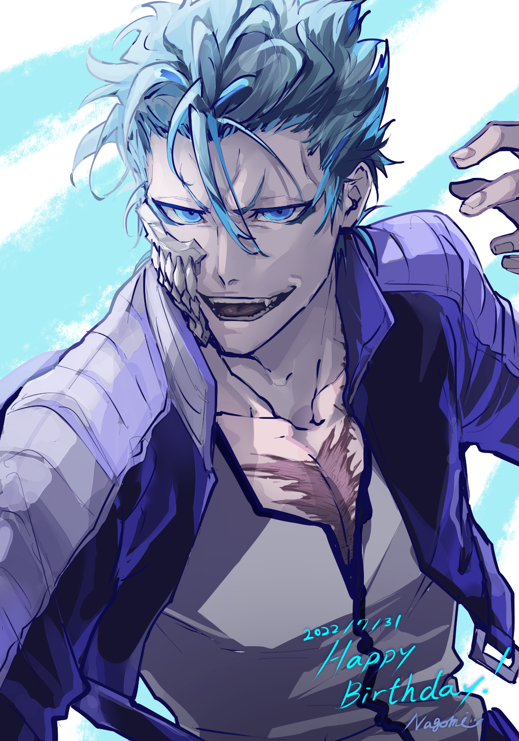 1boy, 2022, :d, arrancar, bad_id, bad_pixiv_id, bleach, blue_eyes, blue_hair, blue_jacket, collarbone, dated, dress_shirt, grey_shirt, grimmjow_jaegerjaquez, hair_between_eyes, happy_birthday, highres, hishui_prpr, jacket, male_focus, open_clothes, open_jacket, open_mouth, scar, shirt, short_hair, smile, solo, upper_body