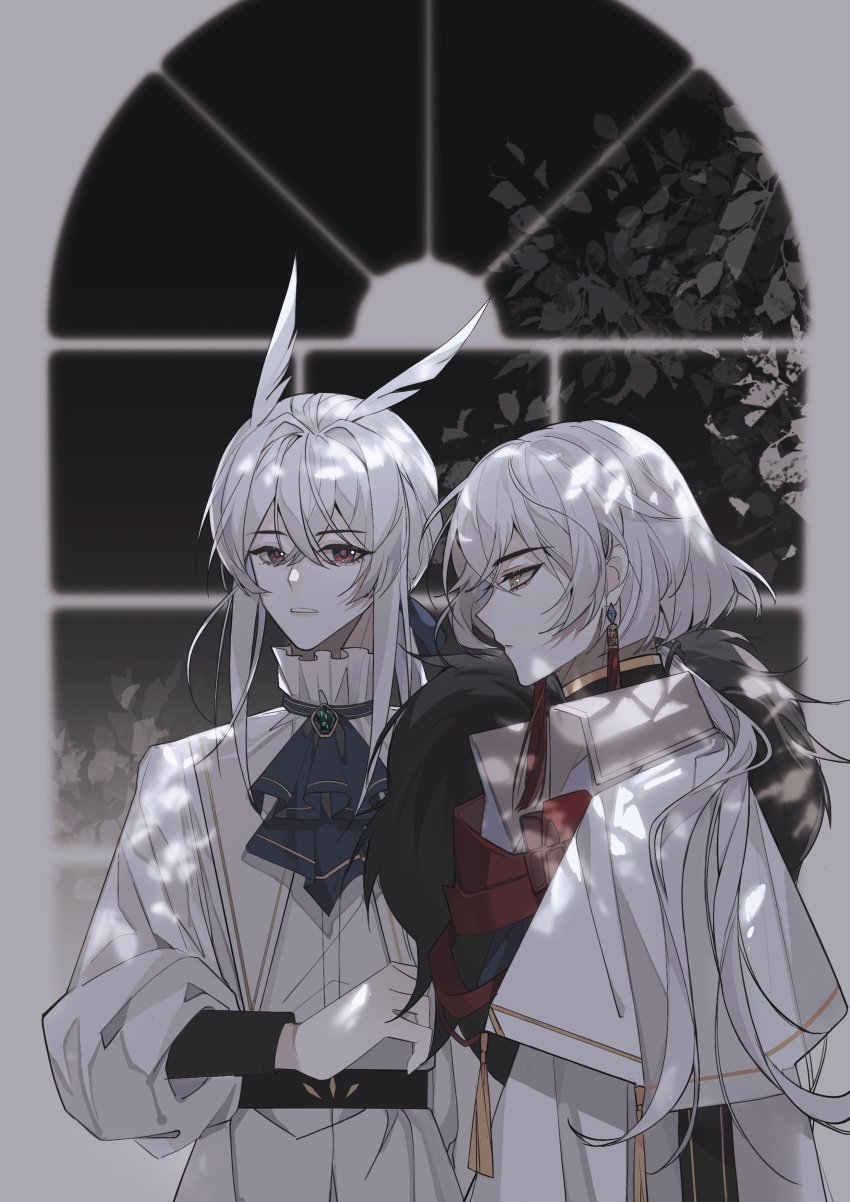 2boys, absurdres, bob_cut, crossed_bangs, daleth_(sky:_children_of_the_light), earrings, frilled_skirt, frills, grey_hair, highres, inverted_bob, jewelry, long_hair, looking_at_viewer, low_ponytail, male_focus, mimizuku_(sky:_children_of_the_light), multiple_boys, pointy_hair, ponytail, rongle709, short_hair, sidelocks, skirt, sky:_children_of_the_light, tassel, tassel_earrings, uniform, white_hair