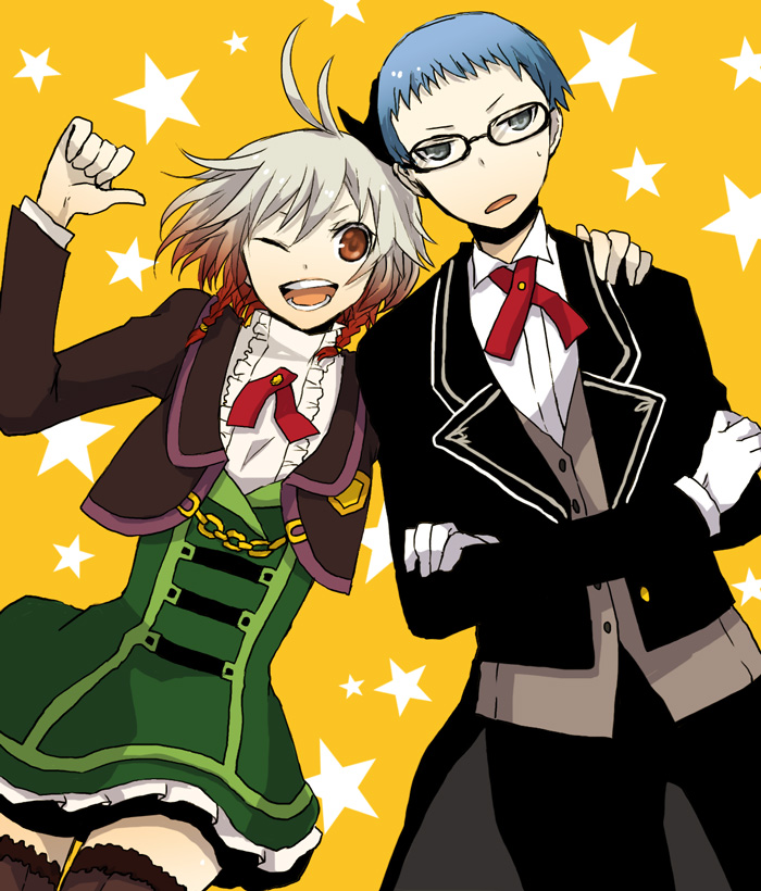 1boy, 1girl, bad_id, bad_pixiv_id, blue_hair, buzz_(moi), chain, glasses