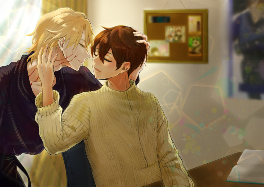2boys, ange_yuki, blonde_hair, blurry, blurry_background, book, bulletin_board, chair