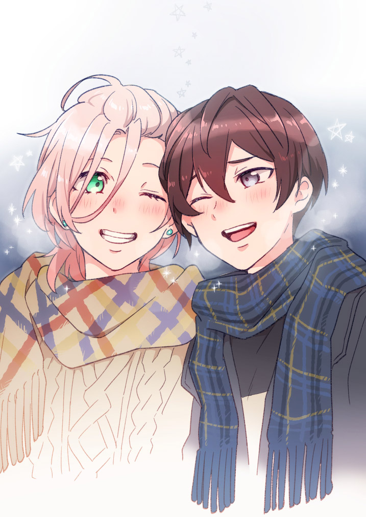 2boys, ;d, ange_yuki, black_eyes, blush, breath, earrings, gradient_background