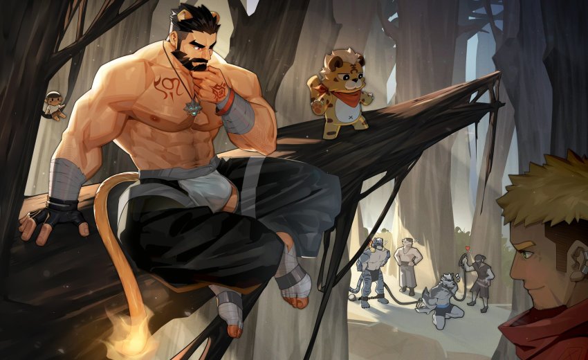 abs, alca_(wakatanka4), animal_ears, bandaged_arm, bandages, bandit, bara, beard