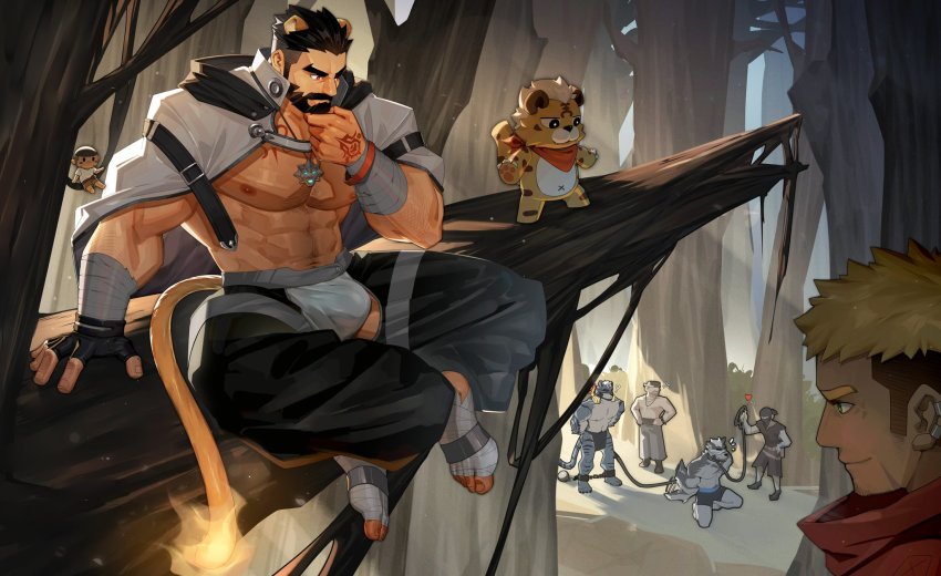 abs, alca_(wakatanka4), animal_ears, bandaged_arm, bandages, bandit, bara, beard, beenic, biceps, black_eyes, black_hair, blindfold, blonde_hair, branch, bulge, chain, chest_tattoo, coat, crotchless, dog_boy, earrings, facial_hair, fiery_tail, fingerless_gloves, fire, forest, furry, furry_male, gloves, green_eyes, hairy, hand_on_own_chin, hand_tattoo, headphones, highres, jewelry, kneeling, large_pectorals, lion_ears, lion_tail, loincloth, male_focus, male_underwear, manly, mature_male, metal_ball, multicolored_hair, multiple_boys, muscular, muscular_arms, nature, navel, navel_hair, necklace, nipples, original, outdoors, pants, pectorals, peterhl, red_eyes, romg, rope, scarf, shirt, shorts, sideburns, smile, stubble, sunlight, tail, tattoo, thick_eyebrows, thighs, tiger_(alca), tiger_boy, topless_male, torn_clothes, tree, undercut, underwear, waving