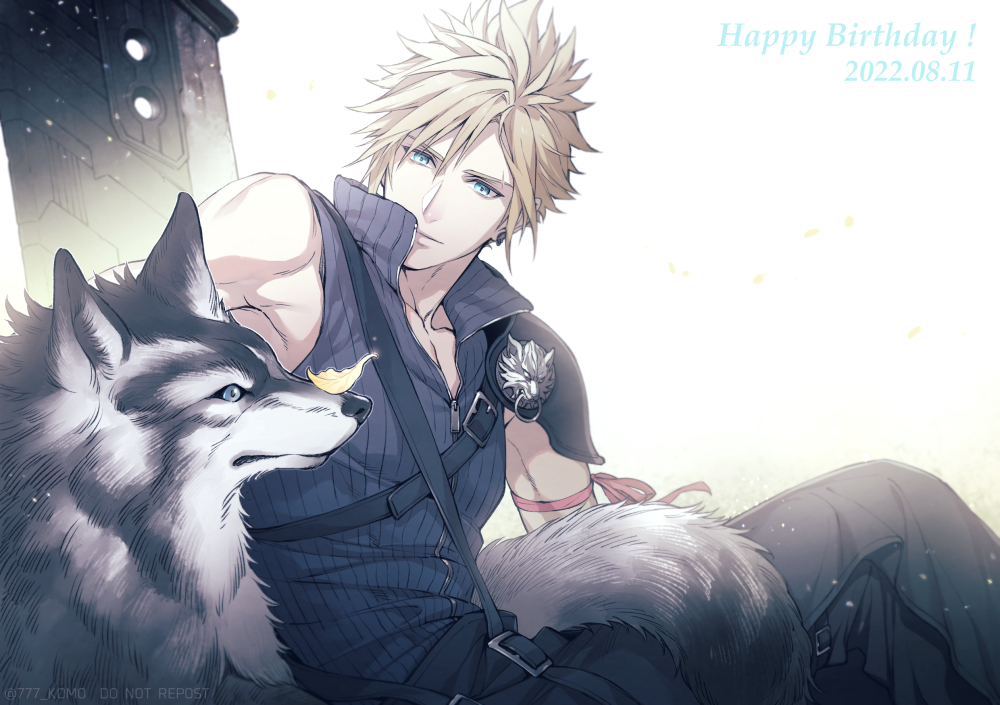 1boy, 777_komo, arm_ribbon, armor, belt, blonde_hair, blue_eyes, buster_sword