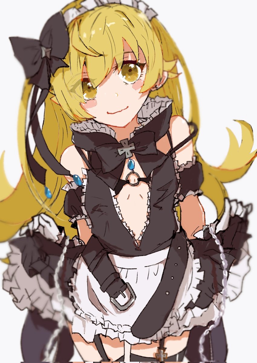 1girl, apron, bakemonogatari, bare_shoulders, belt, belt_buckle, black_dress, blonde_hair, blush, blush_stickers, bow, buckle, clothes_lift, cross, detached_sleeves, dress, frilled_dress, frilled_skirt, frills, garter_straps, gem, gloves, hair_bow, hair_flaps, hair_ornament, highres, jewelry, juliet_sleeves, long_hair, long_sleeves, looking_at_viewer, maid, maid_apron, maid_headdress, monogatari_(series), open_belt, open_clothes, oshino_shinobu, puffy_sleeves, skirt, skirt_lift, smile, solo, strap_slip, thighhighs, valhalla0707, white_background, yellow_eyes
