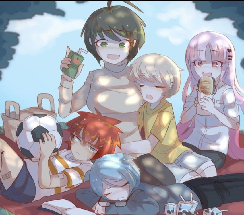 2girls, 3boys, age_difference, ahoge, alternate_costume, ball, bandaid, bandaid_on_arm