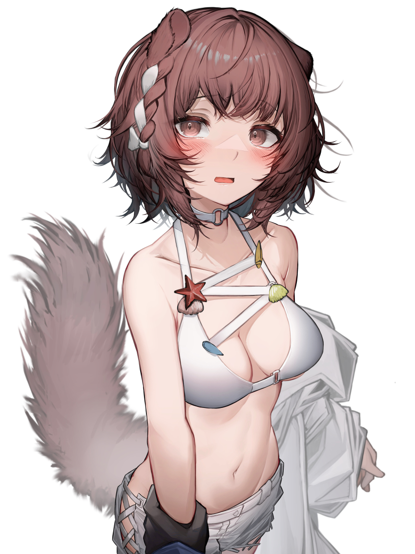 1girl, absurdres, animal_ears, arknights, bikini, bikini_top_only, blush, braid, breasts, brown_eyes, brown_hair, cleavage, collarbone, commentary_request, highres, jacket, looking_at_viewer, medium_breasts, multicolored_hair, navel, open_mouth, otter_ears, otter_girl, otter_tail, roberta_(arknights), roberta_(summer_flowers)_(arknights), short_hair, shorts, simple_background, solo, streaked_hair, swimsuit, tab_head, tail, white_background, white_bikini, white_hair, white_jacket, white_shorts