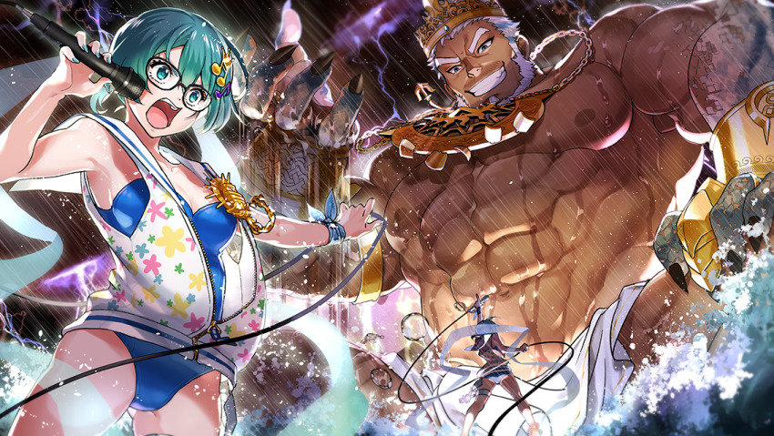 1boy, 1girl, abs, aegir_(housamo), ahoge, anchor_earrings, aqua_hair, bangle