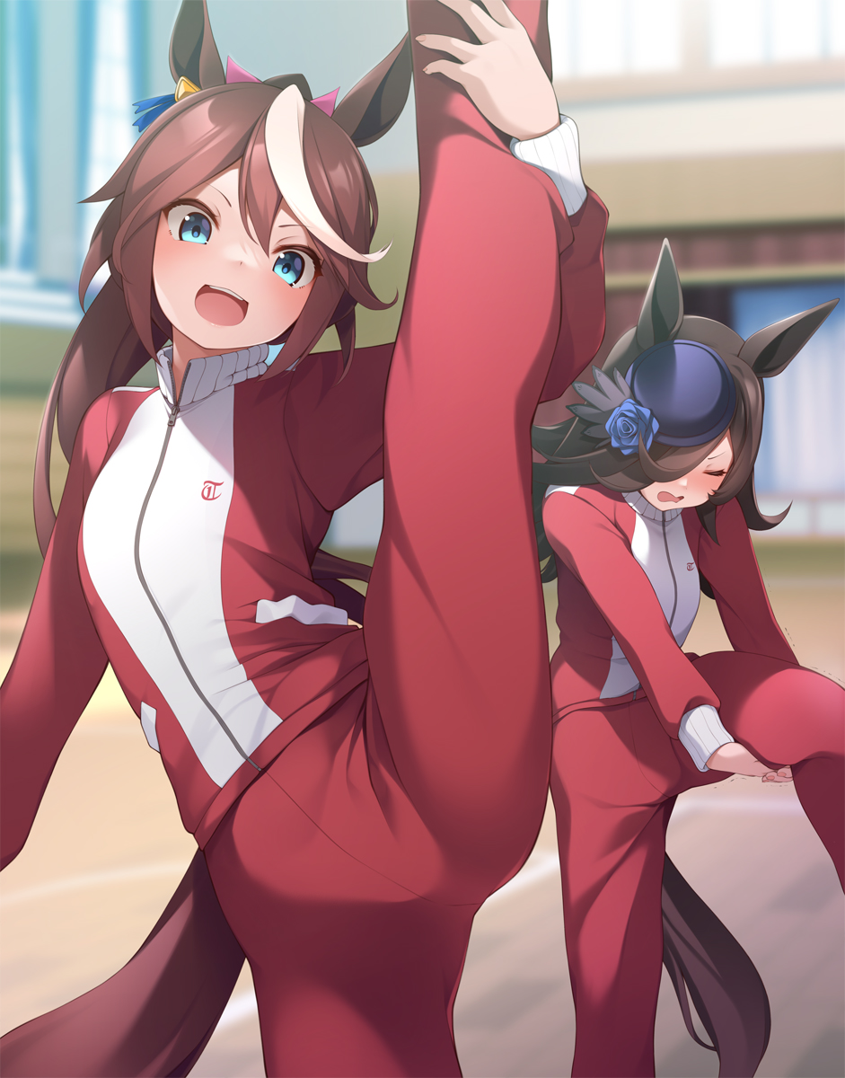 2girls, :d, animal_ears, black_hair, blue_eyes, blue_flower, blue_headwear, blue_rose, blush, brown_hair, closed_eyes, ear_piercing, feet_out_of_frame, flower, hair_over_one_eye, hair_ribbon, hat, hat_flower, high_ponytail, highres, horse_ears, horse_girl, horse_tail, jacket, leg_up, long_hair, long_sleeves, looking_at_viewer, mofu_namako, multicolored_hair, multiple_girls, open_mouth, piercing, pink_ribbon, ponytail, ribbon, rice_shower_(umamusume), rose, smile, standing, standing_on_one_leg, streaked_hair, stretching, tail, tilted_headwear, tokai_teio_(umamusume), tracen_track_uniform, track_jacket, track_uniform, two-tone_hair, umamusume, white_hair