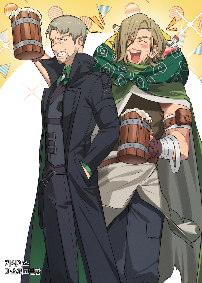 2boys, agent_(dungeon_and_fighter), alcohol, artist_request, bandaged_arm, bandages, beard, beer