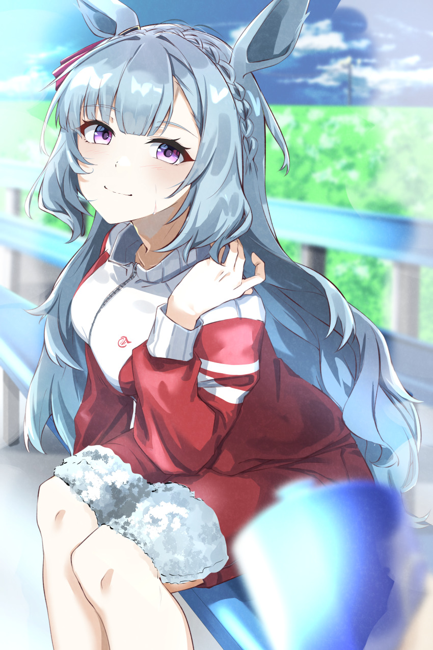 1girl, absurdres, adapted_costume, animal_ears, blue_hair, braid, breasts, crown_braid