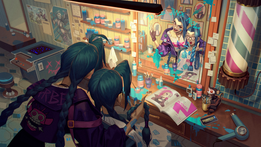 2girls, :d, :o, alternate_costume, arm_tattoo, asymmetrical_bangs, barber, barber_chair