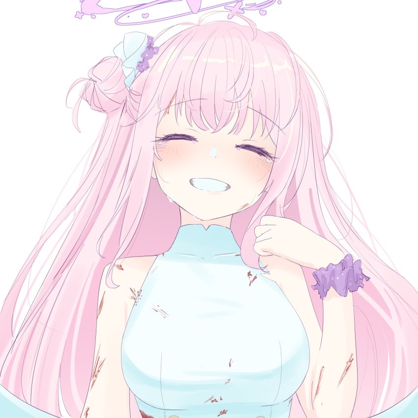 1girl, bare_shoulders, blue_archive, commentary_request, closed_eyes, flower, grin, hair_bun