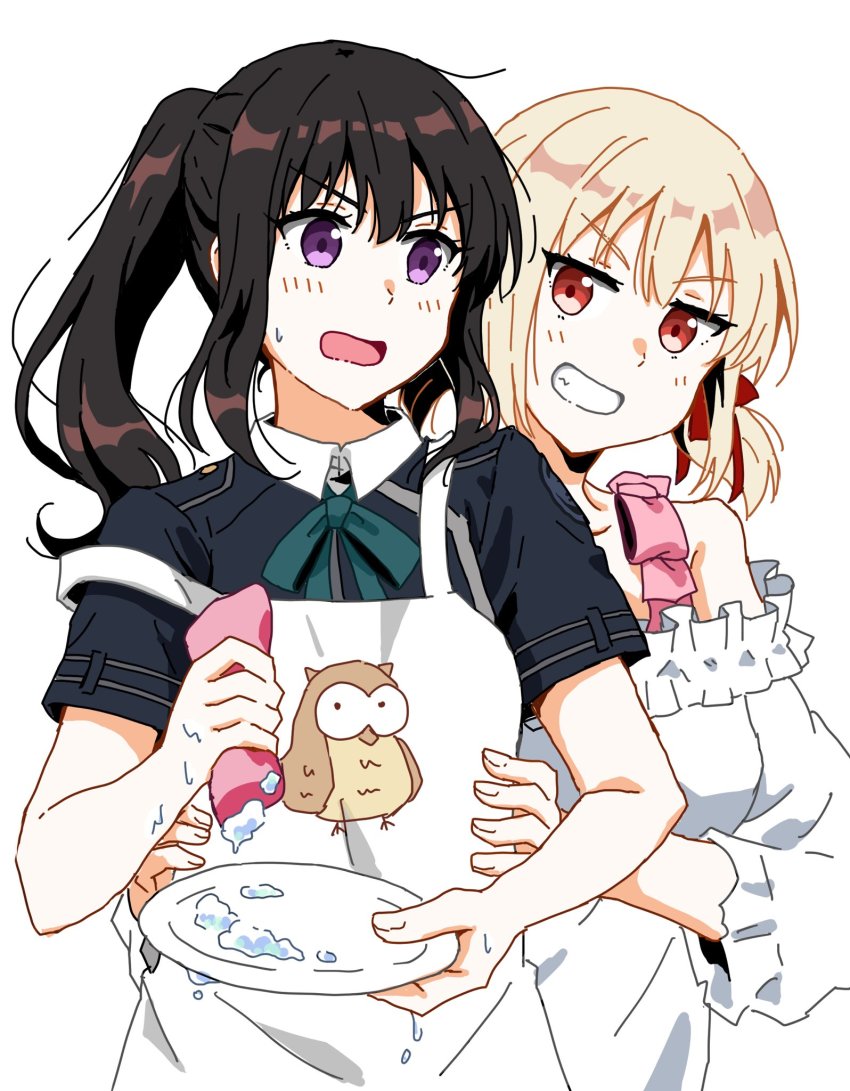 2girls, apron, bare_shoulders, black_hair, blonde_hair, blush, collared_shirt, commentary_request