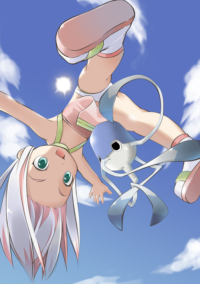 00s, 1girl, aqua_eyes, birdy_cephon_altera, blue_sky, cat_shop, censored, child, cloud, convenient_censoring, day, green_eyes, midair, multicolored_hair, outstretched_arms, panties, pantyshot, sandals, sky, sun, tetsuwan_birdy, tetsuwan_birdy_decode, tuto, underwear, upside-down, white_panties, aged_down
