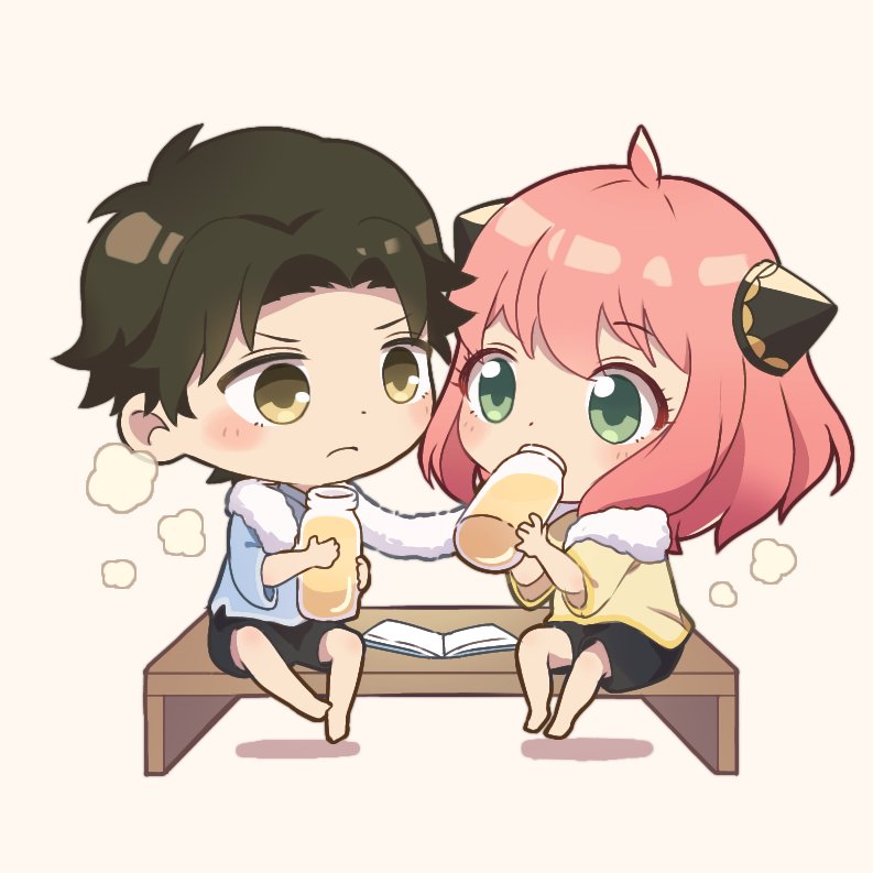 1boy, 1girl, anya_(spy_x_family), barefoot, bench, book, bottle, chibi