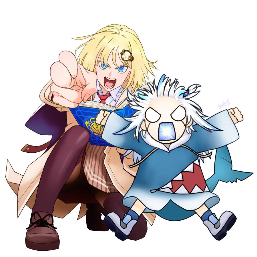 2girls, blonde_hair, blue_eyes, blue_hair, book, fins, fish_tail, gawr_gura, hair_ornament, hololive, hololive_english, konjiki_no_gash!!, looking_at_viewer, mildtaste, multicolored_hair, multiple_girls, necktie, open_mouth, parody, shark_tail, shirt, short_hair, simple_background, tail, virtual_youtuber, watson_amelia, white_shirt, zatch_bell