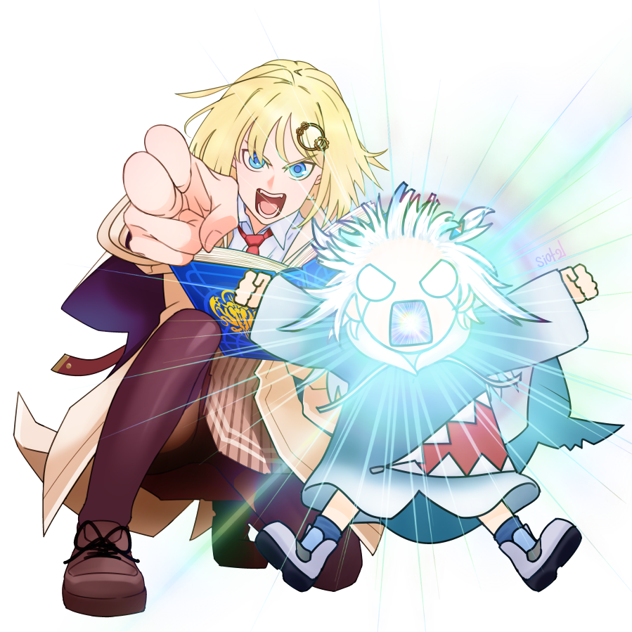 2girls, blonde_hair, blue_eyes, blue_hair, book, fins, fish_tail, gawr_gura