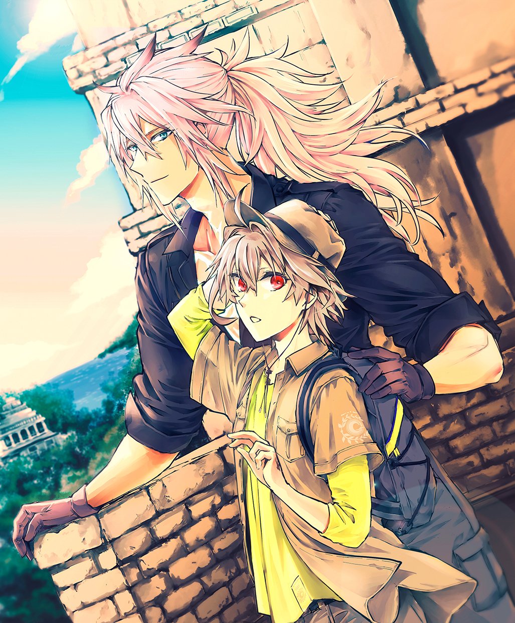 2boys, alternate_costume, arm_rest, backpack, bag, black_shirt, blue_eyes, body_markings