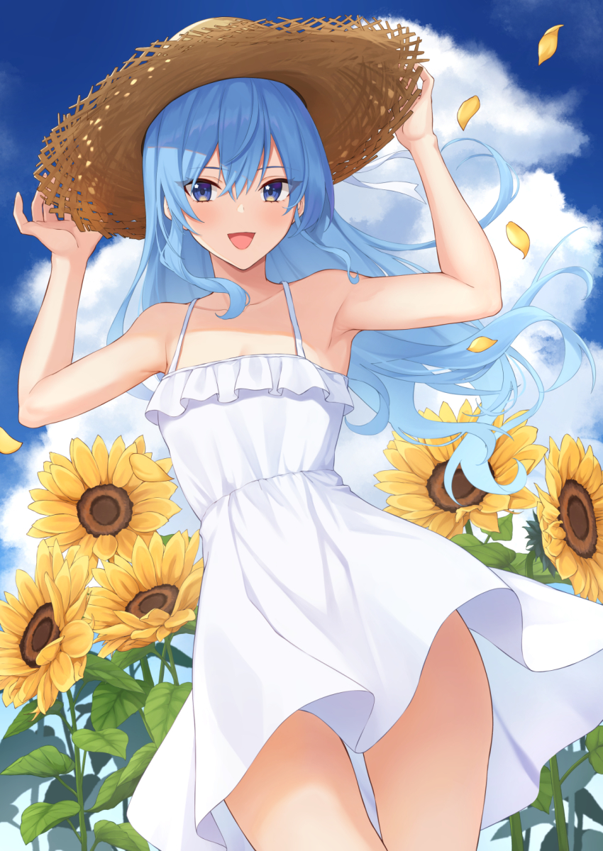 1girl, :d, alternate_costume, armpits, arms_up, bare_arms, bare_shoulders, blue_eyes