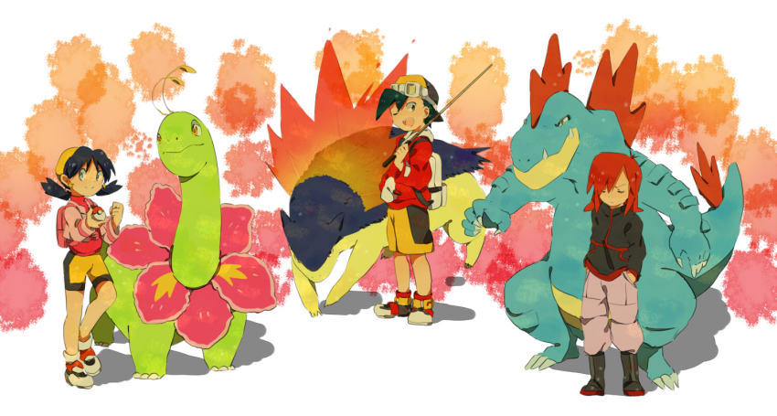 1990s_(style), 1girl, 2boys, closed_eyes, ethan_(pokemon), ethan_(pokemon)_(classic), feraligatr, gen_2_pokemon, hat, holding, holding_poke_ball, kris_(pokemon), meganium, multiple_boys, nintendo, one_eye_closed, poke_ball, pokemon, pokemon_(creature), pokemon_adventures, pokemon_gold/silver/crystal, retro_artstyle, sgwyi, shorts, silver_(pokemon), starter_pokemon_trio, typhlosion, wink