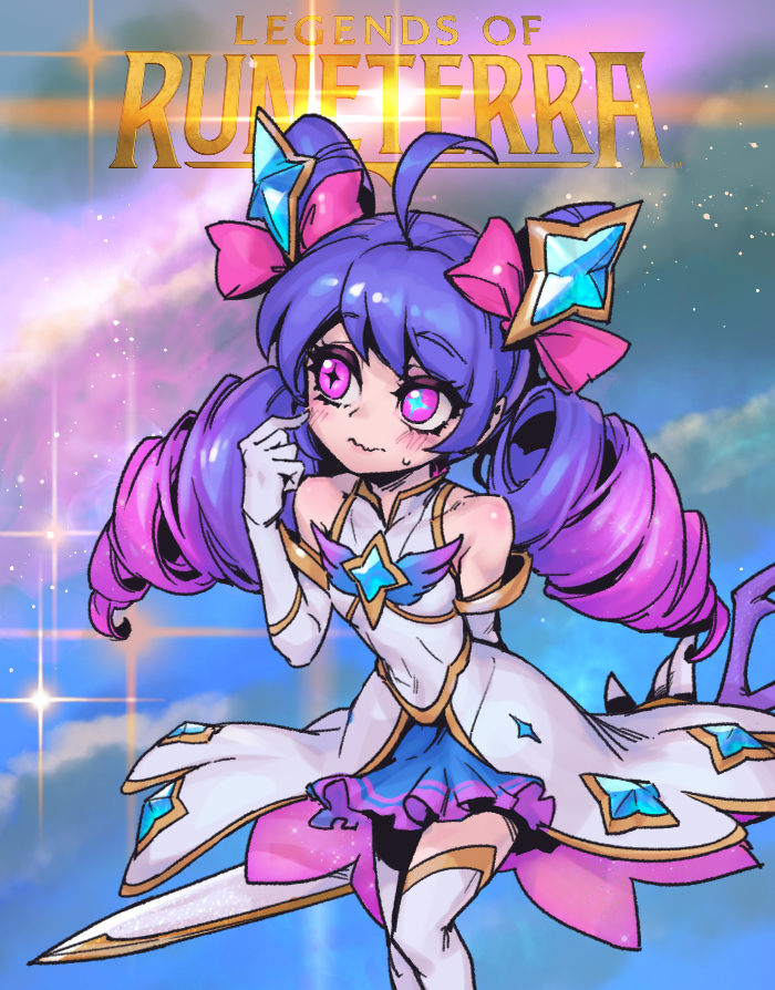 1girl, ahoge, bare_shoulders, blue_hair, blush, bow, cone_hair_bun, dress