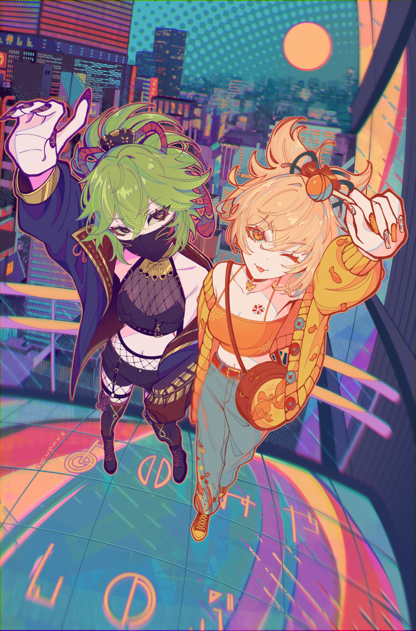 2girls, absurdres, breasts, casual, chest_tattoo, choker, cleavage, earrings