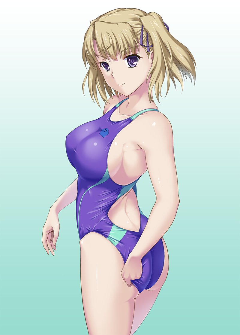 1girl, adjusting_clothes, adjusting_swimsuit, ass, blonde_hair, breasts, competition_swimsuit, covered_erect_nipples, from_behind, gradient_background, hair_ribbon, hanny, looking_at_viewer, looking_back, mottio, one-piece_swimsuit, purple_eyes, rance_(series), ribbon, shiny_skin, sideboob, simple_background, solo, swimsuit, twintails, twisted_torso, urza_pranaice
