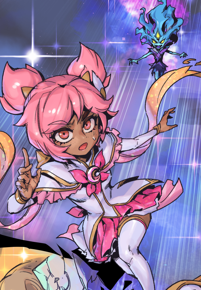 2girls, :o, angry, black_dress, blue_skin, bow, bowtie, capelet