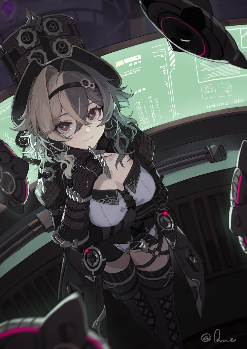 1girl, absurdres, arm_under_breasts, artist_name, bad_id, bad_lofter_id, boots, breasts, brown_boots, brown_gloves, brown_hair, brown_jacket, brown_shorts, cleavage, cleavage_cutout, closed_mouth, clothing_cutout, computer, gloves, grey_eyes, hat, headband, highres, honkai_(series), honkai_impact_3rd, jacket, long_hair, long_sleeves, looking_at_viewer, monitor, qqqne, shorts, smile, solo, thigh_boots, top_hat, vill-v