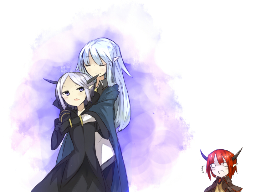 3girls, ^^^, bad_id, bad_pixiv_id, barbara_(pixiv_fantasia), blue_eyes, closed_eyes, ganesagi, horns, mirowaju, multiple_girls, o_o, pixiv_fantasia, pixiv_fantasia_4, pointy_ears, red_hair, robe, silmaria