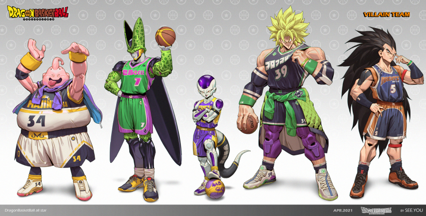 5boys, :d, alternate_costume, armor, arms_up, artist_name, ball, bare_shoulders, basketball, basketball_(object), basketball_uniform, black_footwear, black_shirt, black_shorts, black_skin, black_socks, blonde_hair, blue_footwear, broly_(dragon_ball_z), brown_footwear, brown_shirt, brown_shorts, cell_(dragon_ball), character_name, closed_mouth, clothes_around_waist, collarbone, colored_skin, crossed_arms, dated, detached_sleeves, dragon_ball, facing_viewer, fat, fat_man, final_form_frieza, frieza, full_body, gradient_background, green_jacket, green_shirt, green_shorts, green_skin, grey_background, grey_footwear, grey_skin, hand_on_own_hip, height_difference, highres, holding, holding_ball, jacket, jacket_around_waist, long_hair, looking_at_viewer, majin_buu, male_focus, multiple_boys, muscular, muscular_male, no_pupils, open_mouth, pink_shirt, pink_shorts, pink_skin, pointy_nose, purple_jacket, purple_lips, purple_shirt, purple_shorts, purple_skin, raditz, see_you, shirt, shoes, shorts, shoulder_armor, smile, socks, sportswear, standing, tail, teeth, tentacle_hair, tongue, tongue_out, upper_teeth_only, very_long_hair, white_footwear, white_shirt, white_shorts, white_skin, wings, wristband, yellow_shirt, yellow_shoes, yellow_shorts