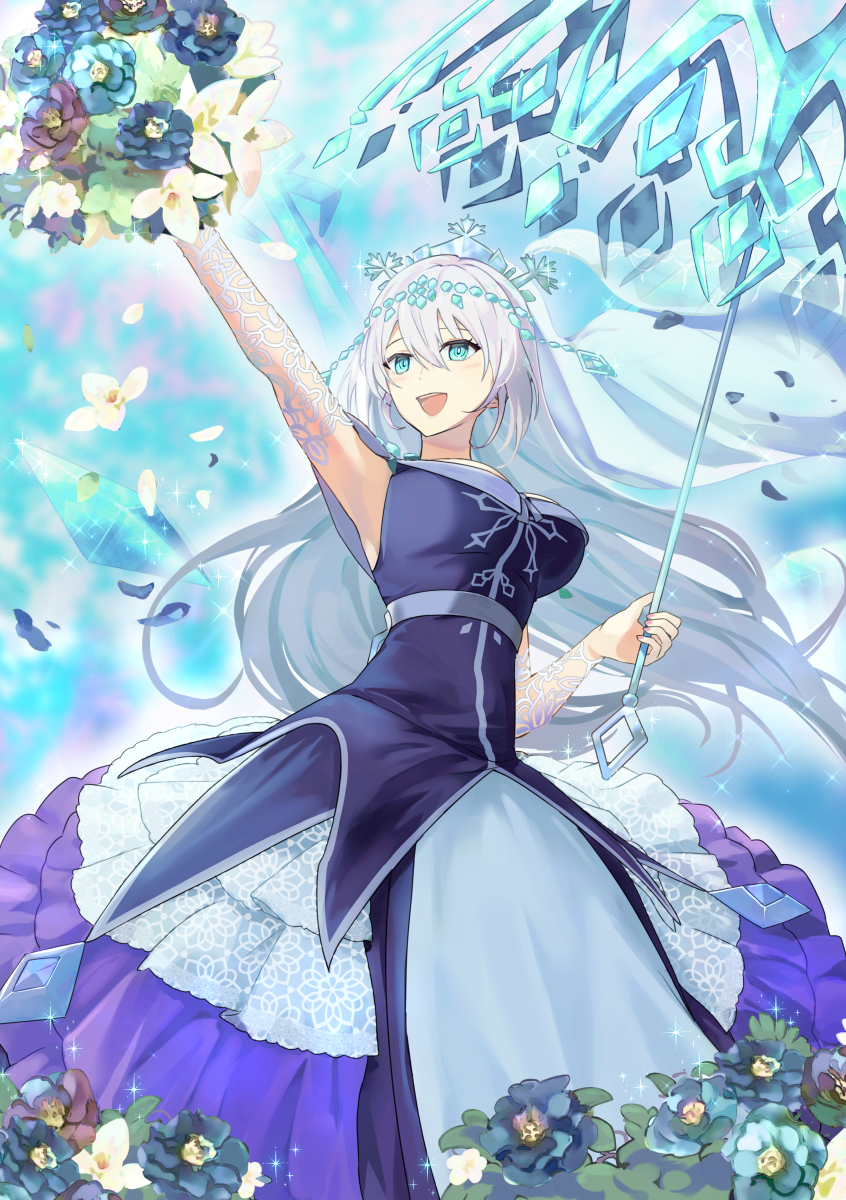 1girl, :d, arm_up, armpits, blue_dress, blush, breasts, circlet, cleavage, commentary_request, dress, duel_monster, flower, frilled_dress, frills, grey_hair, hair_between_eyes, highres, holding, holding_flower, holding_umbrella, hsin, large_breasts, long_hair, open_mouth, sidelocks, sleeveless, sleeveless_dress, smile, solo, sparkle, standing, teardrop_the_rikka_queen, teeth, umbrella, upper_teeth_only, yu-gi-oh!