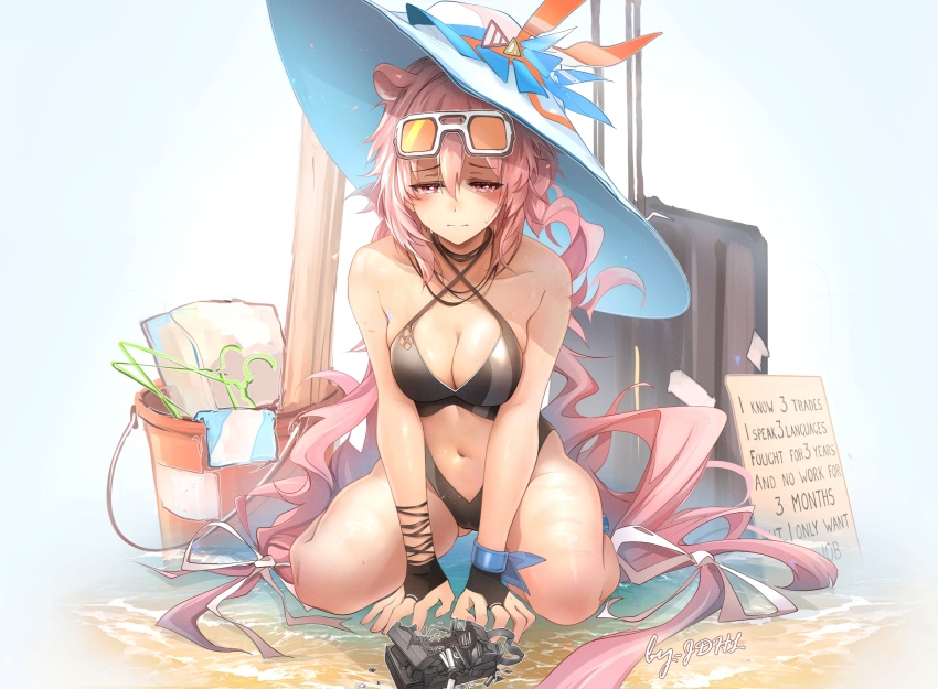 1girl, animal_ears, arknights, bare_shoulders, black_one-piece_swimsuit, breasts, bridal_gauntlets, broken, bucket, camera, casual_one-piece_swimsuit, center_opening, cleavage, closed_mouth, clothes_hanger, collarbone, criss-cross_halter, crying, crying_with_eyes_open, dog_ears, english_text, full_body, halterneck, hat, highres, jdhlfire, kneeling, large_breasts, long_hair, navel, one-piece_swimsuit, pink_eyes, pink_hair, shallow_water, signature, solo, suitcase, sun_hat, swimsuit, tears, u-official_(arknights), water, white_hat
