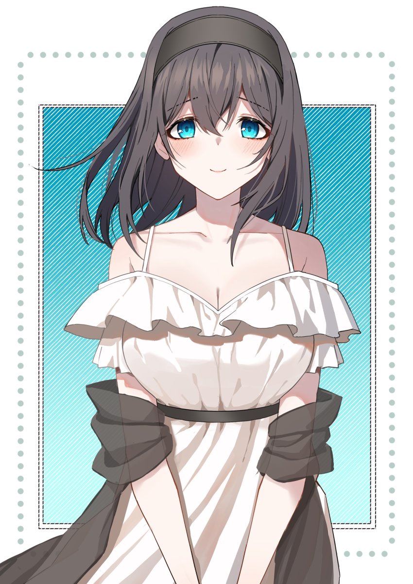 1girl, absurdres, black_hair, black_shawl, blush, breasts, cleavage, collarbone, dress, framed, highres, horitama0212, idolmaster, idolmaster_cinderella_girls, large_breasts, looking_at_viewer, medium_hair, off-shoulder_dress, off_shoulder, sagisawa_fumika, shawl, smile, solo, straight_hair, white_dress